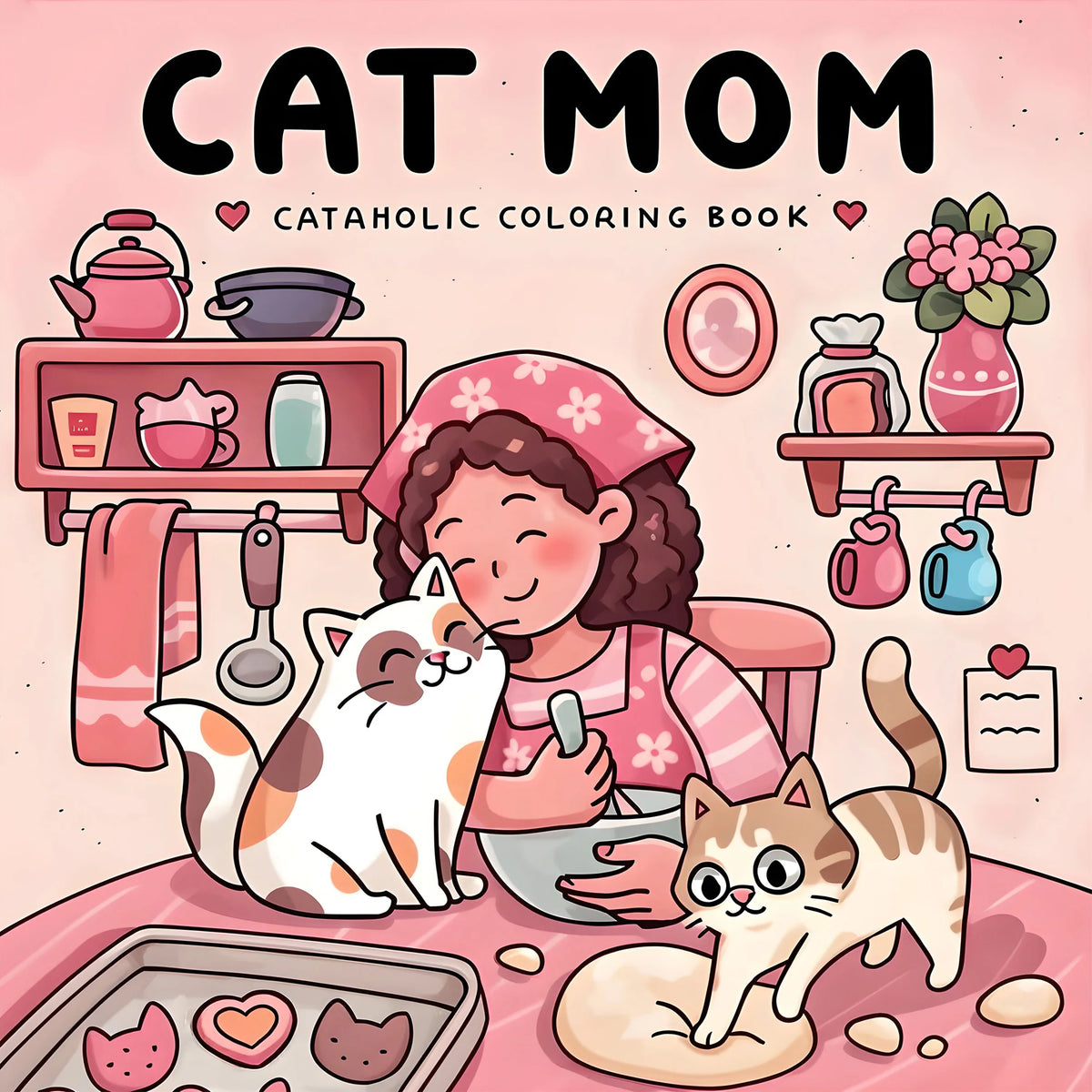 A drawing of a girl and two cats coloring in a book, featuring pink and white tones.