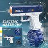 A white electric water gun with a blue grip and barrel is shown spraying water in a splash context.