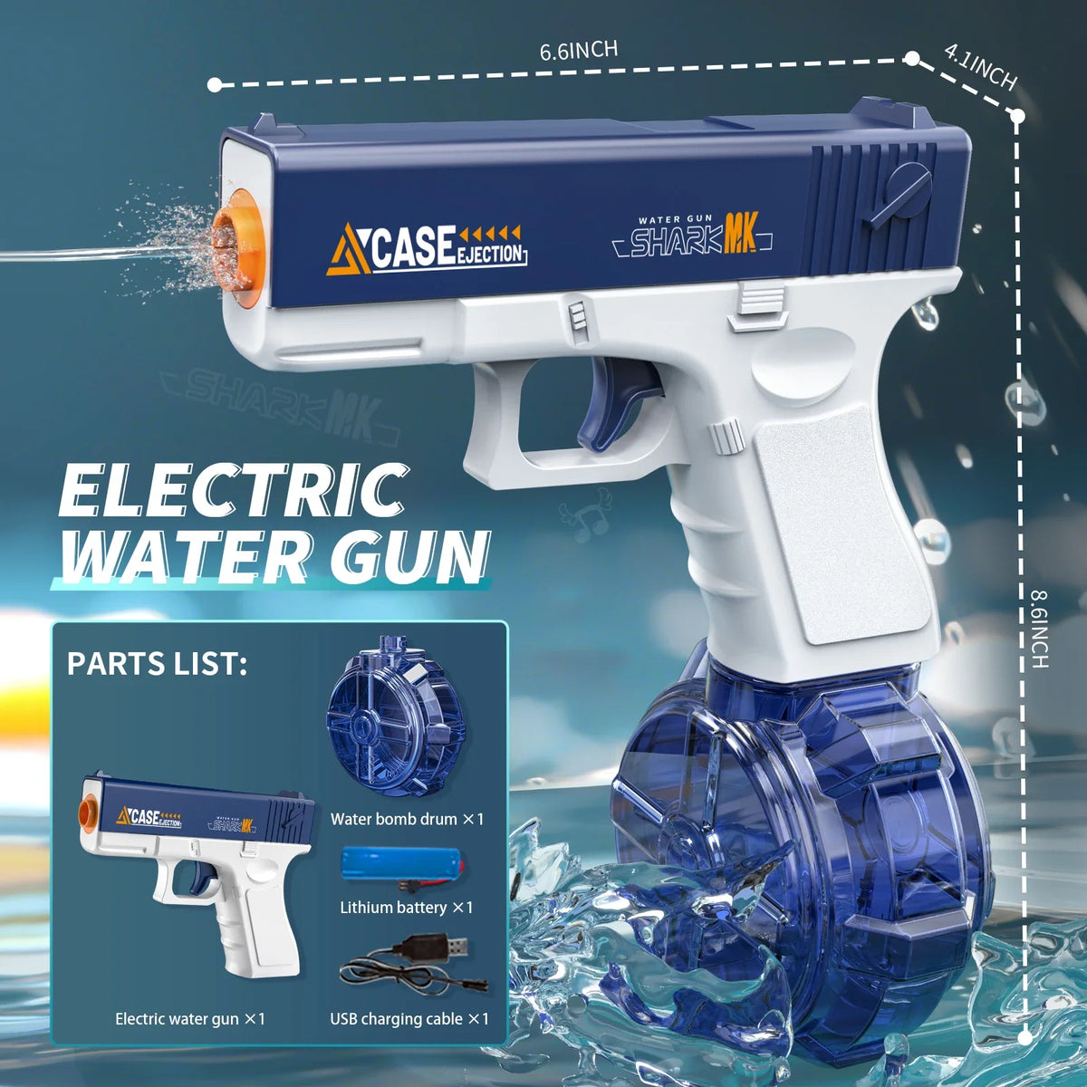 A white electric water gun with a blue grip and barrel is shown spraying water in a splash context.
