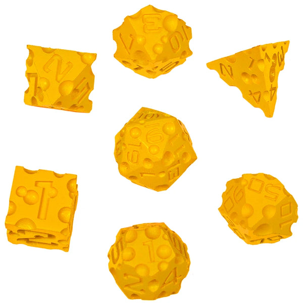 A set of yellow polyhedral dice used for tabletop role-playing games