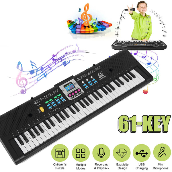 A black 61-key digital electronic keyboard for kids with various musical accessories and features.