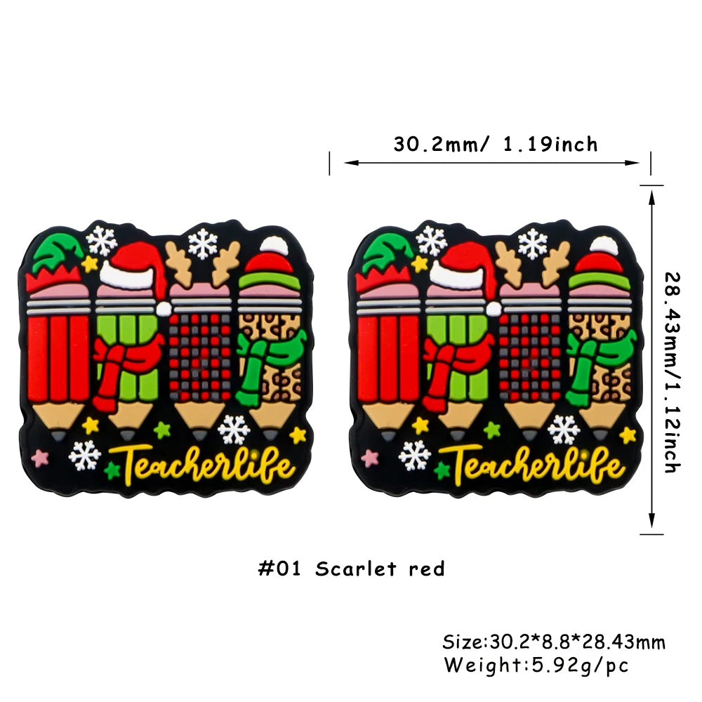 Scarlet red festive Christmas silicone beads featuring teacherlife design