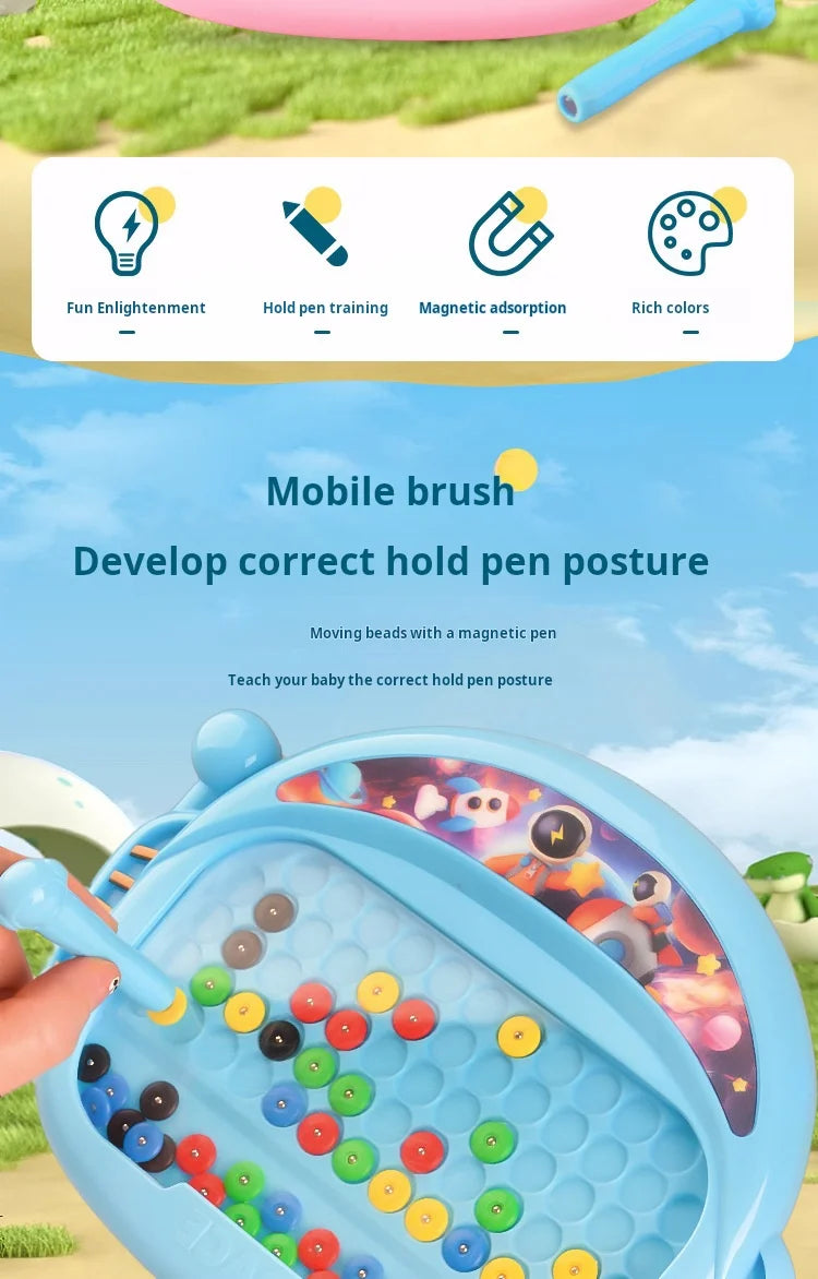 A blue magnetic doodle board for kids with a pen and colorful beads, showing how to develop correct hold pen posture.
