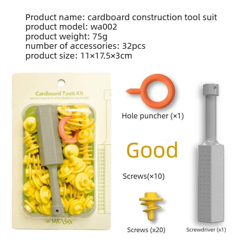 A cardboard construction tool kit showing a hole punch, screws, and a screwdriver in a light-colored box.