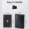 A set of black frosted poker playing cards and a gift box shown with dimensions.