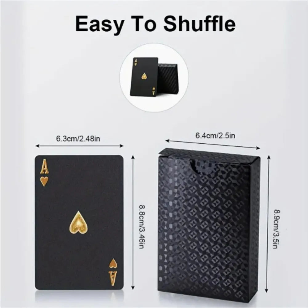 A set of black frosted poker playing cards and a gift box shown with dimensions.