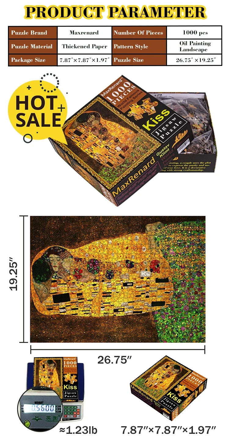 A box of a 1000-piece MaxRenard Kiss jigsaw puzzle showing the finished artwork and package details.