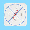 A white magnetic teaching board with a blue circle divided into sections labeled A, B, C, and D, featuring a central spinner.