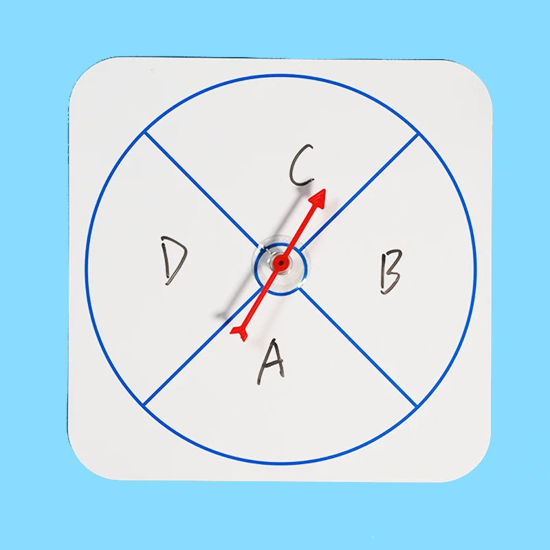 A white magnetic teaching board with a blue circle divided into sections labeled A, B, C, and D, featuring a central spinner.