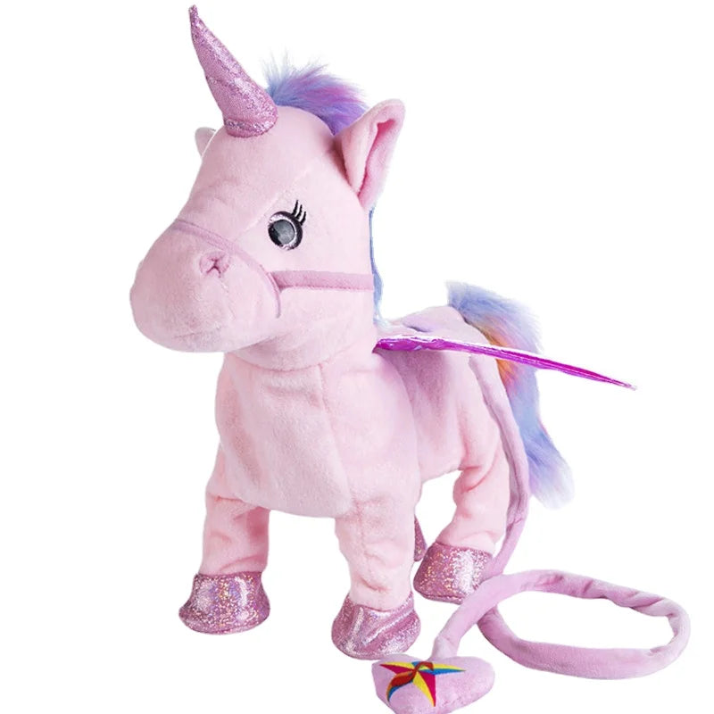 A pink musical walking unicorn plush toy with a purple horn and mane.