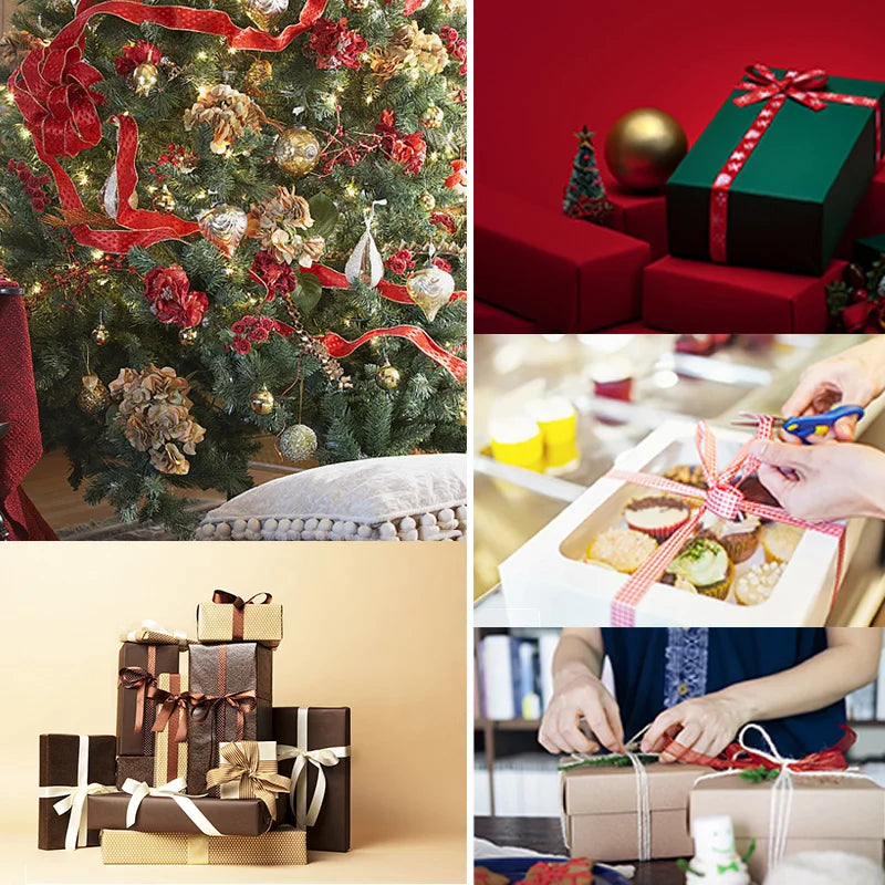 A collection of gift wrapping ideas including a decorated Christmas tree, wrapped presents, and ribbon rolls for crafting.