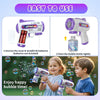 A child is playing with a purple automatic bubble machine gun, creating bubbles in the air.