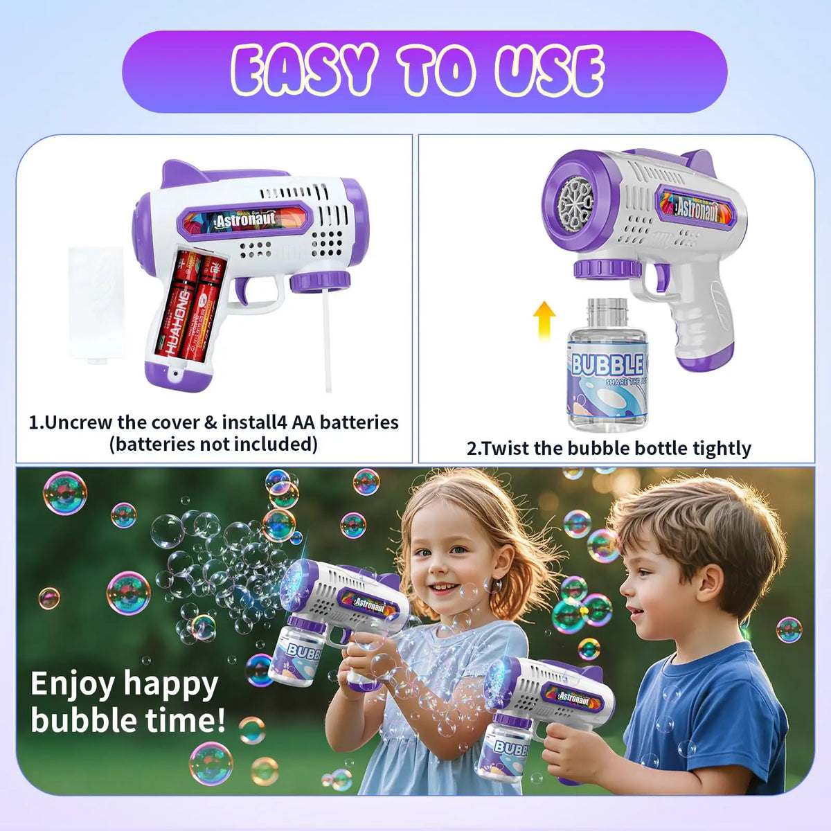 A child is playing with a purple automatic bubble machine gun, creating bubbles in the air.