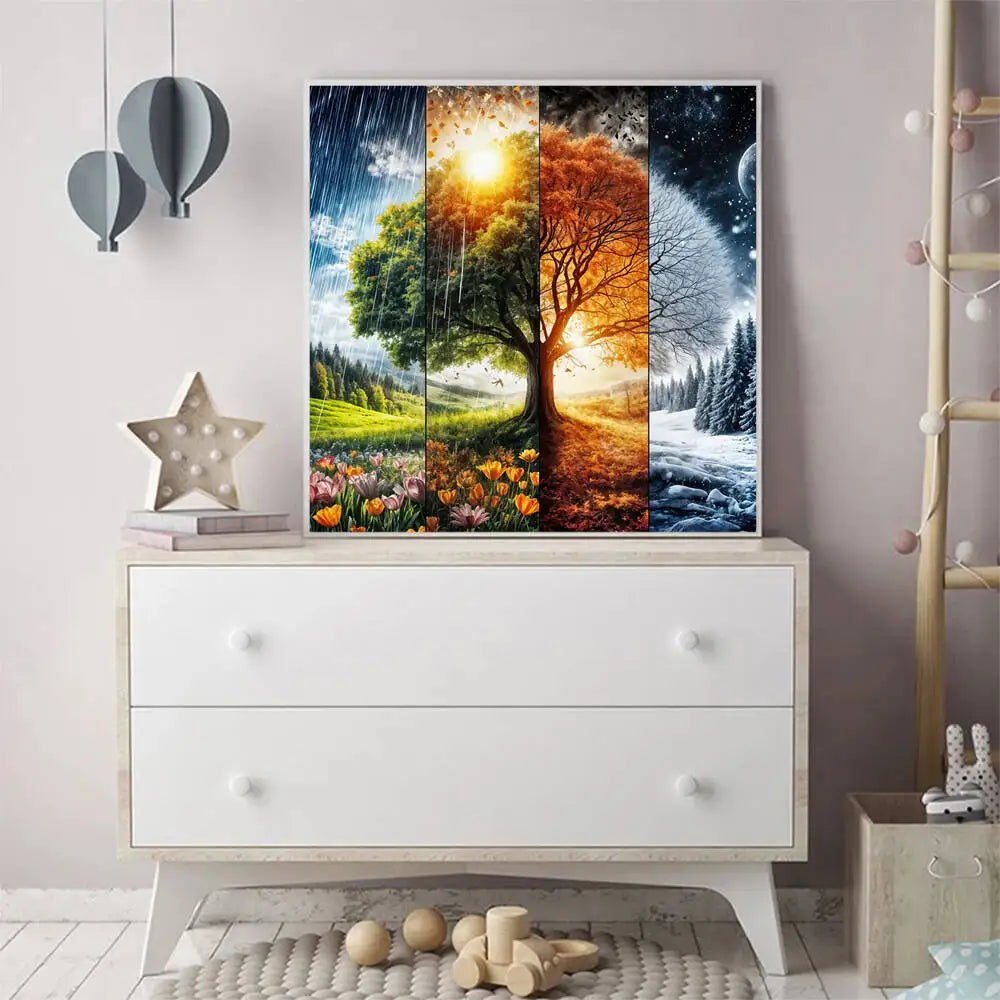 A framed painting depicting a vibrant four-season landscape with trees and light, displayed on a white dresser.