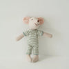 A handmade mouse plush doll with pink ears and a striped green and white outfit.