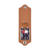 A brown leather keychain featuring a custom photo and personalized engraving.