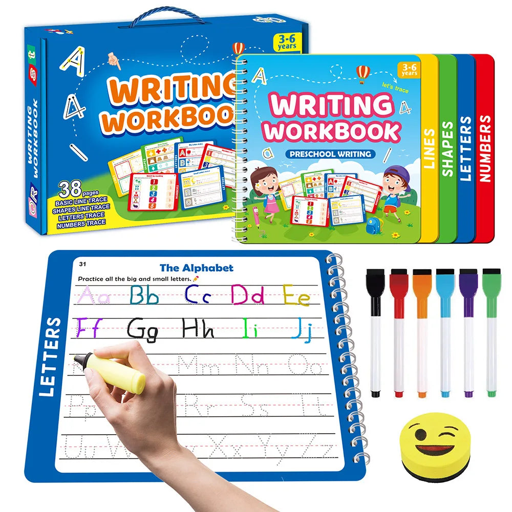A set of preschool writing and alphabet tracing workbooks for children aged 3 to 6
