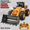 A yellow RC forklift truck and a black shovel are shown for sale.