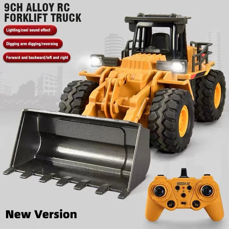 A yellow RC forklift truck and a black shovel are shown for sale.