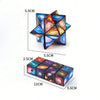 A colorful, geometric cube puzzle with a starry sky design, shown in both individual and assembled forms.