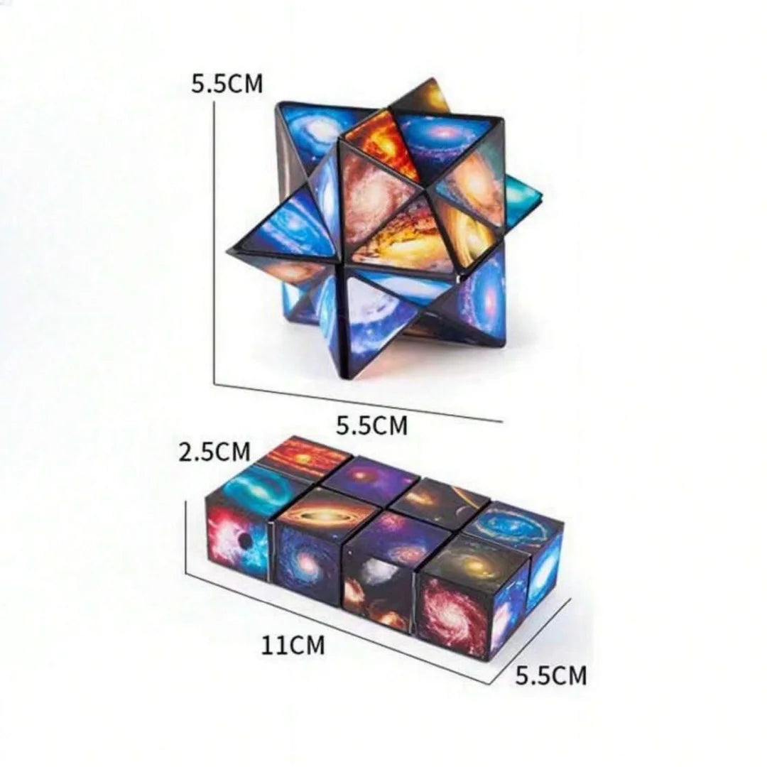 A colorful, geometric cube puzzle with a starry sky design, shown in both individual and assembled forms.
