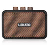 A black guitar amplifier with a woven brown grille and three knobs on top.