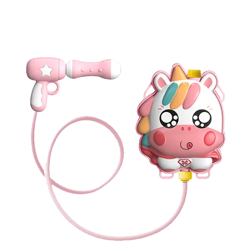 A pink animal backpack water gun toy with a star-shaped trigger and a flexible hose.