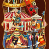 A detailed wooden model kit of a fairground scene featuring a Ferris wheel, rides, and a music box dollhouse.