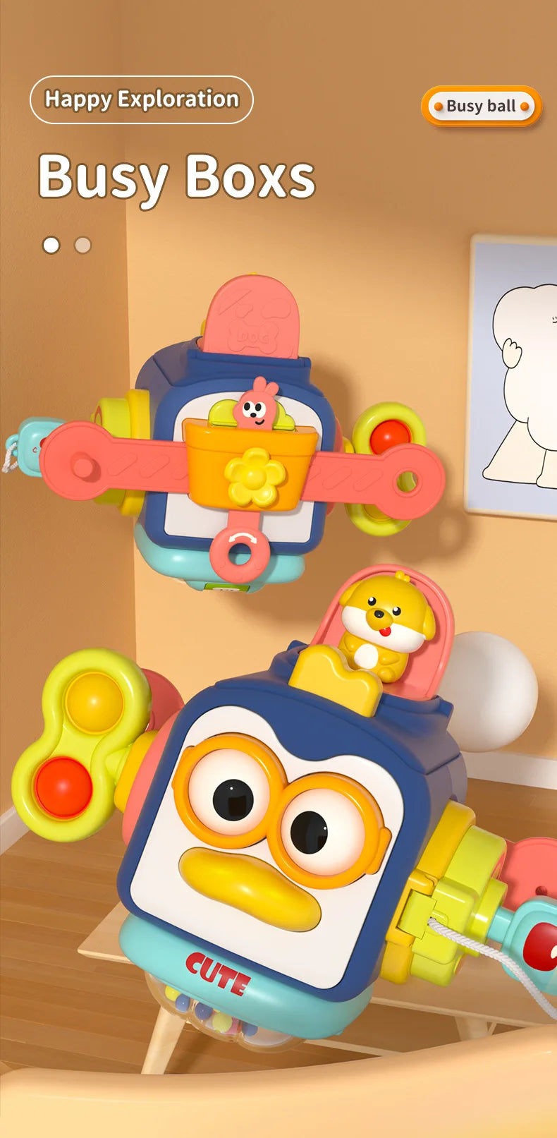 A colorful Busy Box toy featuring a wooden cube with various sensory components and a small animal figure.