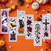 A collection of six DIY cross-stitch bookmarks featuring Halloween and gothic designs on an orange background.
