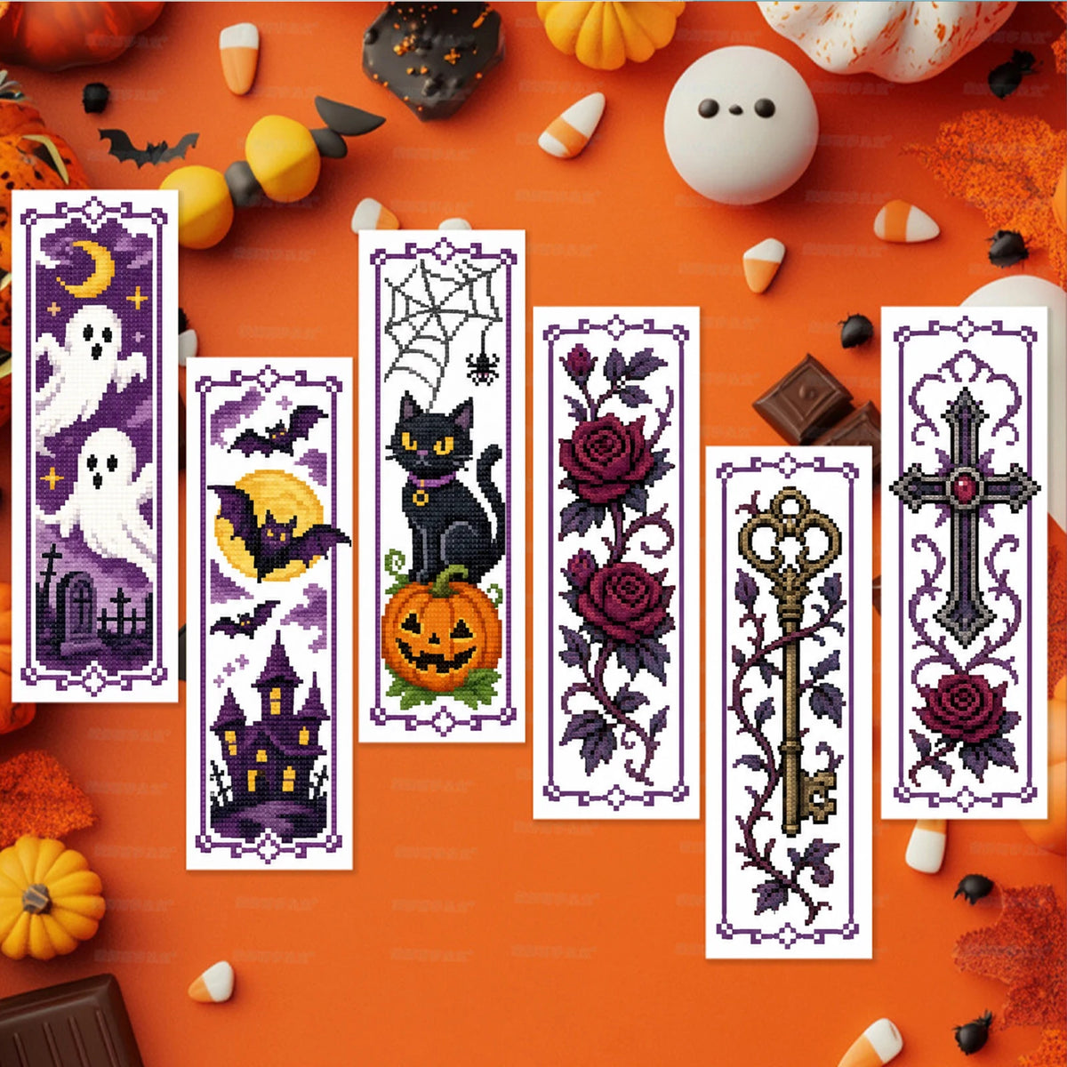 A collection of six DIY cross-stitch bookmarks featuring Halloween and gothic designs on an orange background.