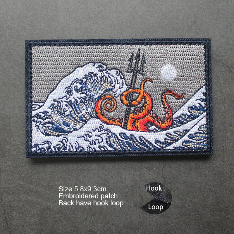 3D Embroidered Surfing Wave Patch with Octopus Design