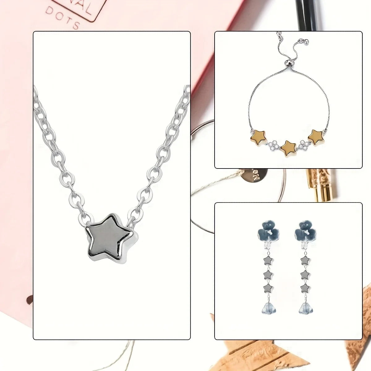 Silver chain necklace with a star pendant and a separate silver necklace featuring stars and hearts.