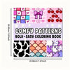 A coloring book featuring bold patterns like hearts, cherries, and puzzle pieces for easy coloring.