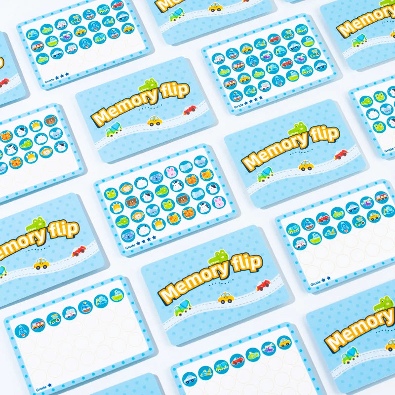 A collection of blue and white memory flip cards featuring various animal and nature images for a children's educational game