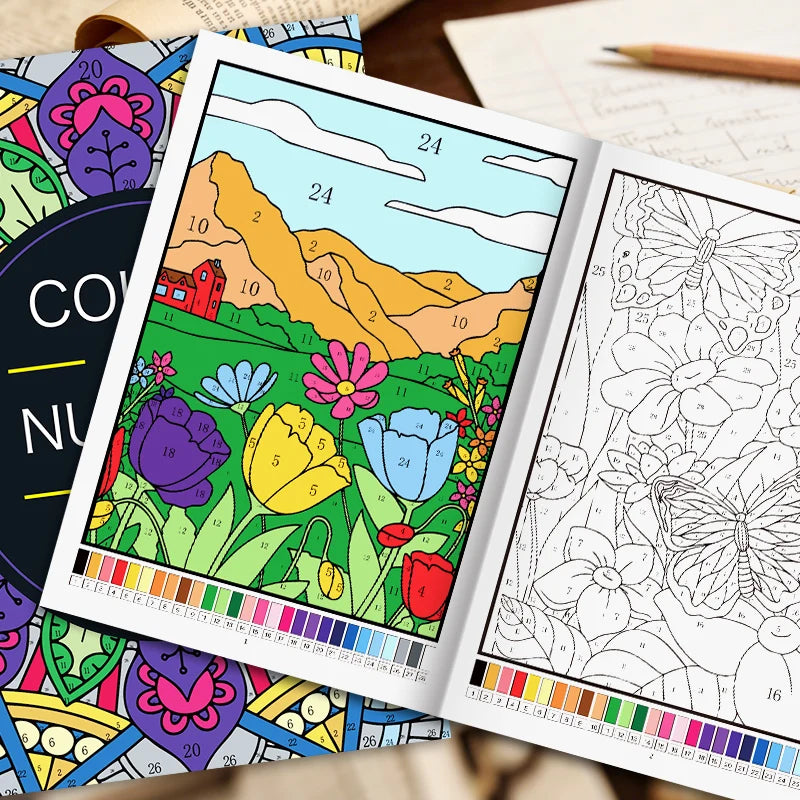 An open color by number book showing a page with a mountain landscape and a page with detailed floral designs.