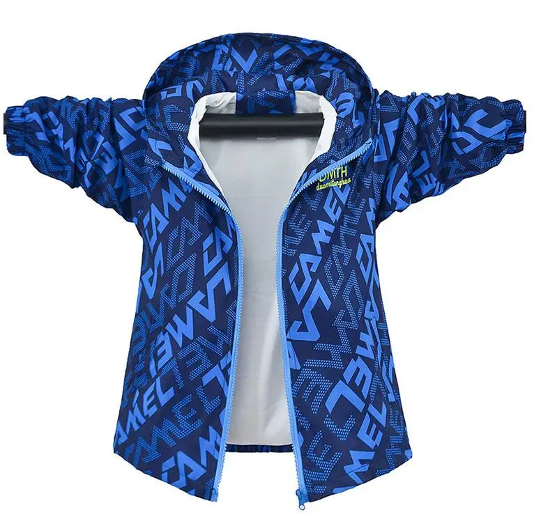 Blue waterproof winter jacket for kids with a hood