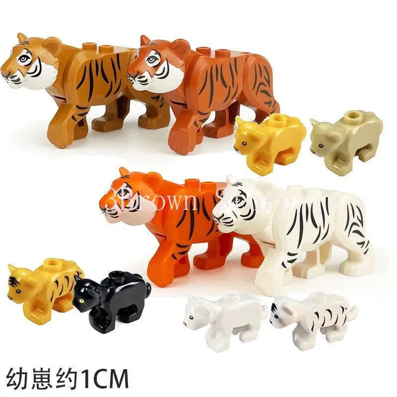 A set of six wooden building blocks depicting various African wildlife animals including lions, tigers, and zebras.