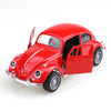 A red 1:38 die-cast model of a classic Beetle car with the door open.