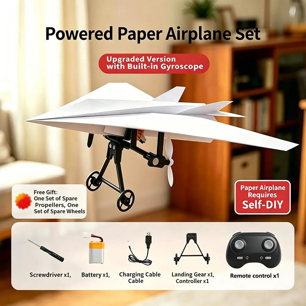 Weißes Papierflugzeug-Set mit integriertem Gyroskop und Zubehör wie Schraubendreher, Batterie, Ladekabel und Fernbedienung