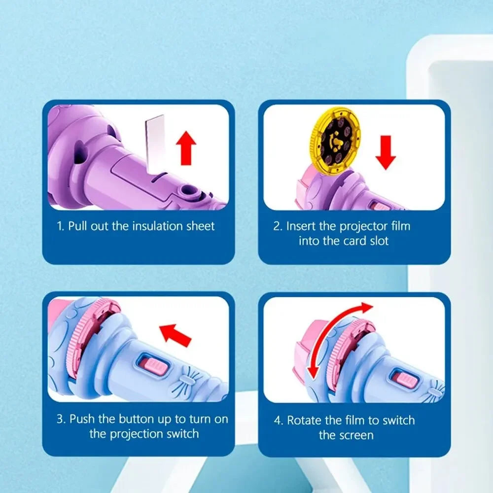 Instructions showing how to use a kids projection flashlight, including pulling out the insulation sheet, inserting film, tur