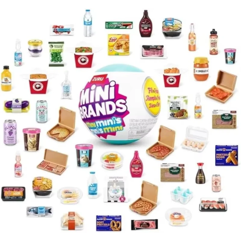 A collection of Mini Brands collectible toys and food items displayed in various packaging and contexts.