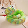 A bright green and yellow cartoon snake plush toy with large eyes is coiled on a white surface.