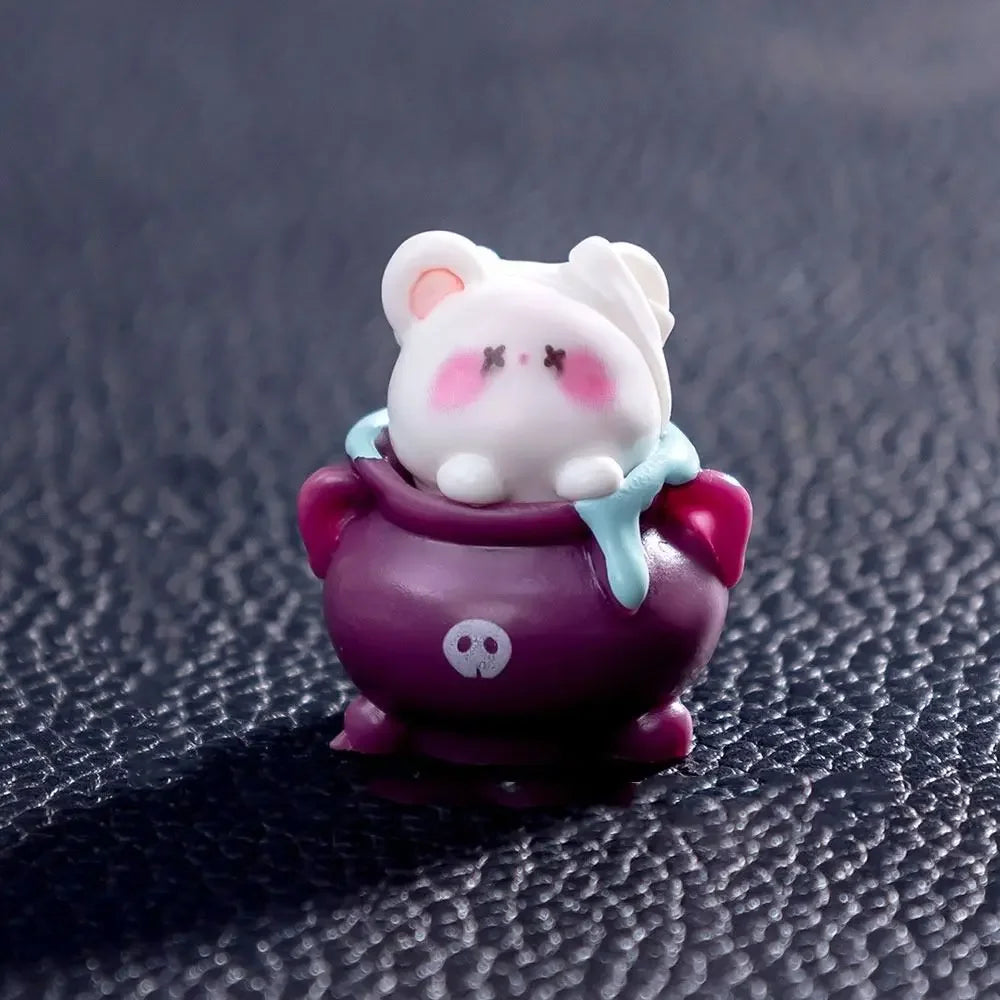 A small white cartoon bear figurine with pink accents is sitting in a purple pot.