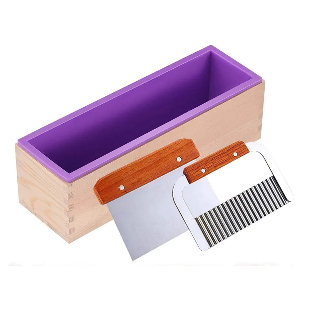Complete Silicone Soap Making Mold Kit with Wooden Box and Stainless Steel Cutters