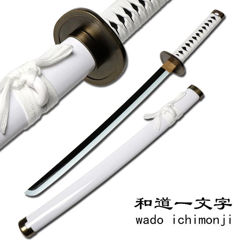 A white wooden katana sword with a gold hilt and white wrapping, shown in profile.