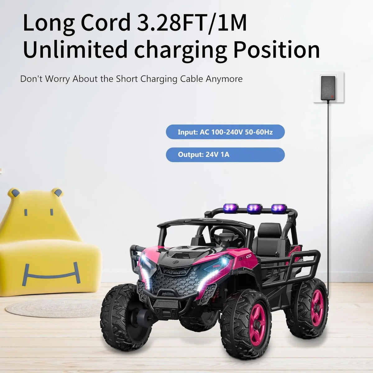 A pink and black electric ride-on car is shown with a long charging cord plugged into a wall outlet.