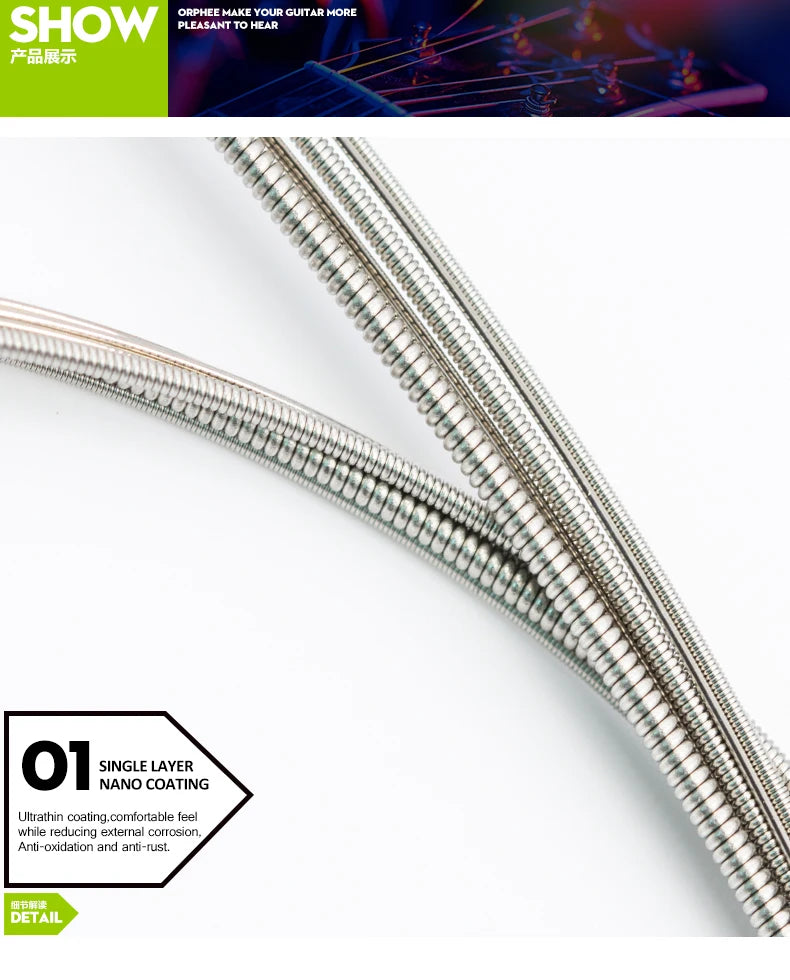 Close-up view of a single layer nano coated guitar strings, showing the hexagonal carbon steel wire texture.