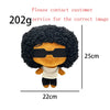 A plush doll resembling Eminem, XXXTentacion, and Frank Ocean with dark curly hair and black sunglasses.