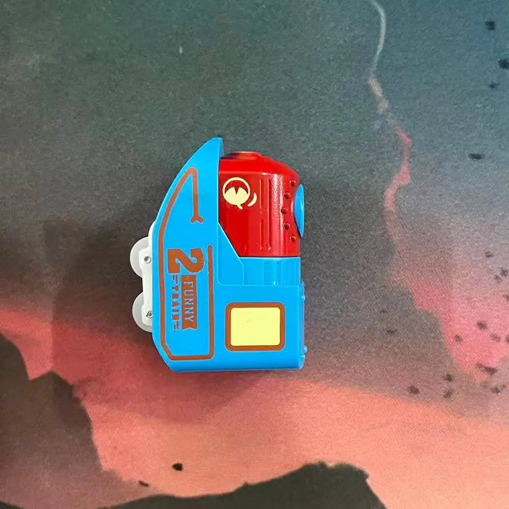 A blue and red anti-gravity magnetic mini train toy with a USB-C rechargeable battery